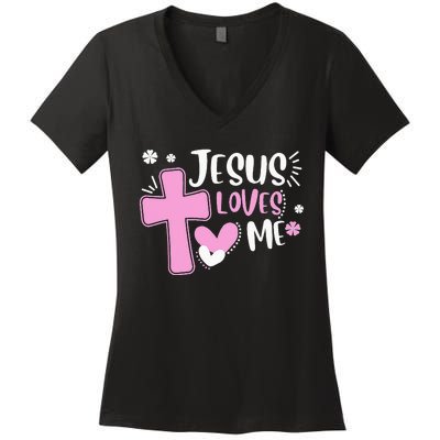 Jesus Loves Me Christian Cross Easter Day Family Outfit Women's V-Neck T-Shirt