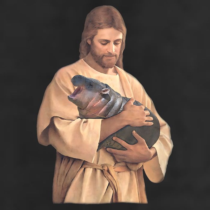 Jesus Loves Moo Deng Bouncy Pig Cute Baby Hippo Meme 7 Panel Mesh Trucker Snapback Hat