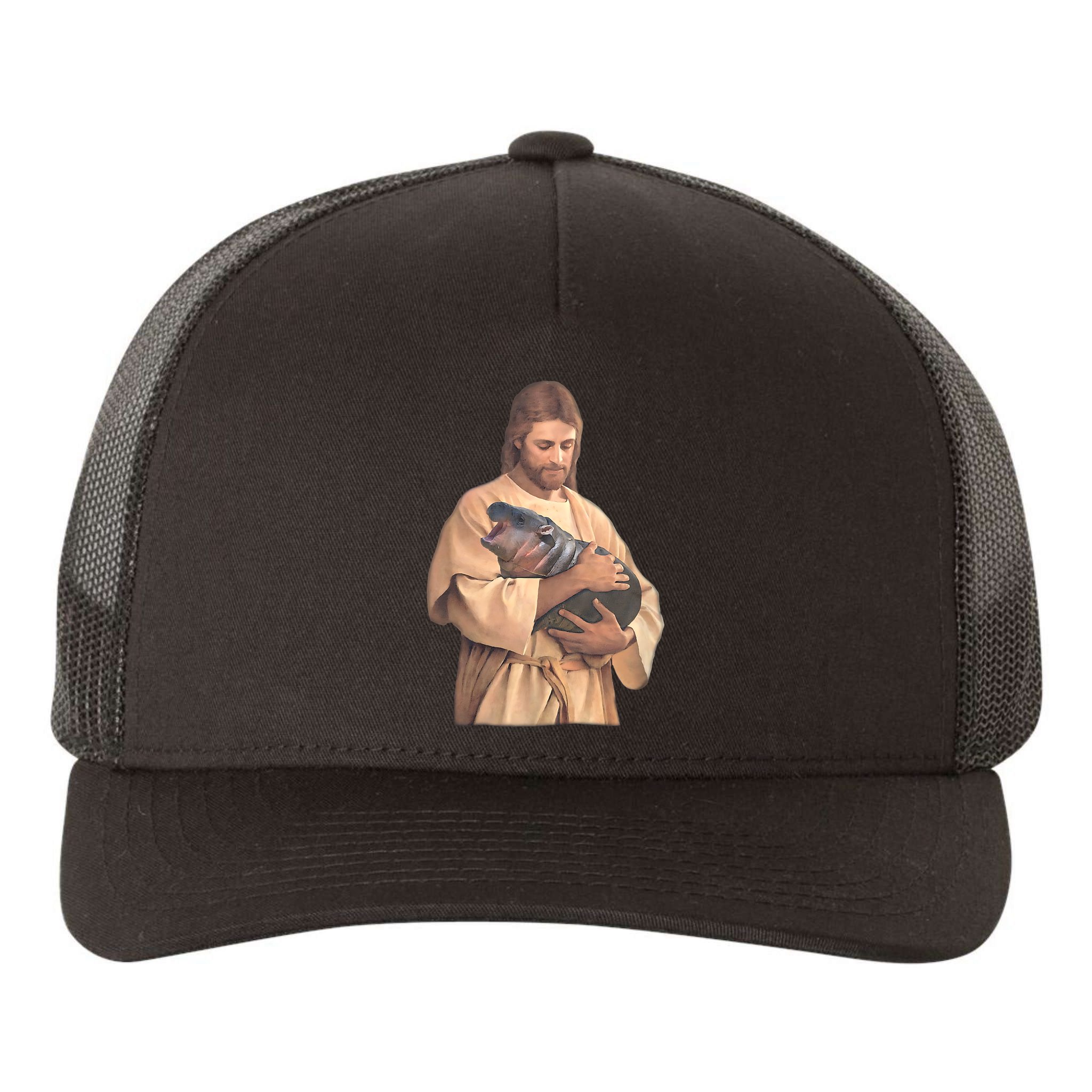 Jesus Loves Moo Deng Bouncy Pig Cute Baby Hippo Meme Yupoong Adult 5-Panel Trucker Hat