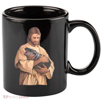 Jesus Loves Moo Deng Bouncy Pig Cute Baby Hippo Meme 11oz C Handle Ceramic Mug