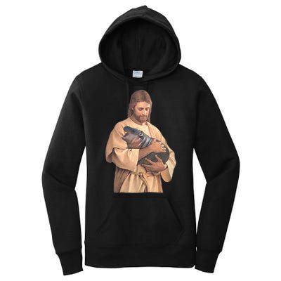 Jesus Loves Moo Deng Bouncy Pig Cute Baby Hippo Meme Women's Pullover Hoodie