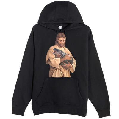 Jesus Loves Moo Deng Bouncy Pig Cute Baby Hippo Meme Premium Pullover Hoodie