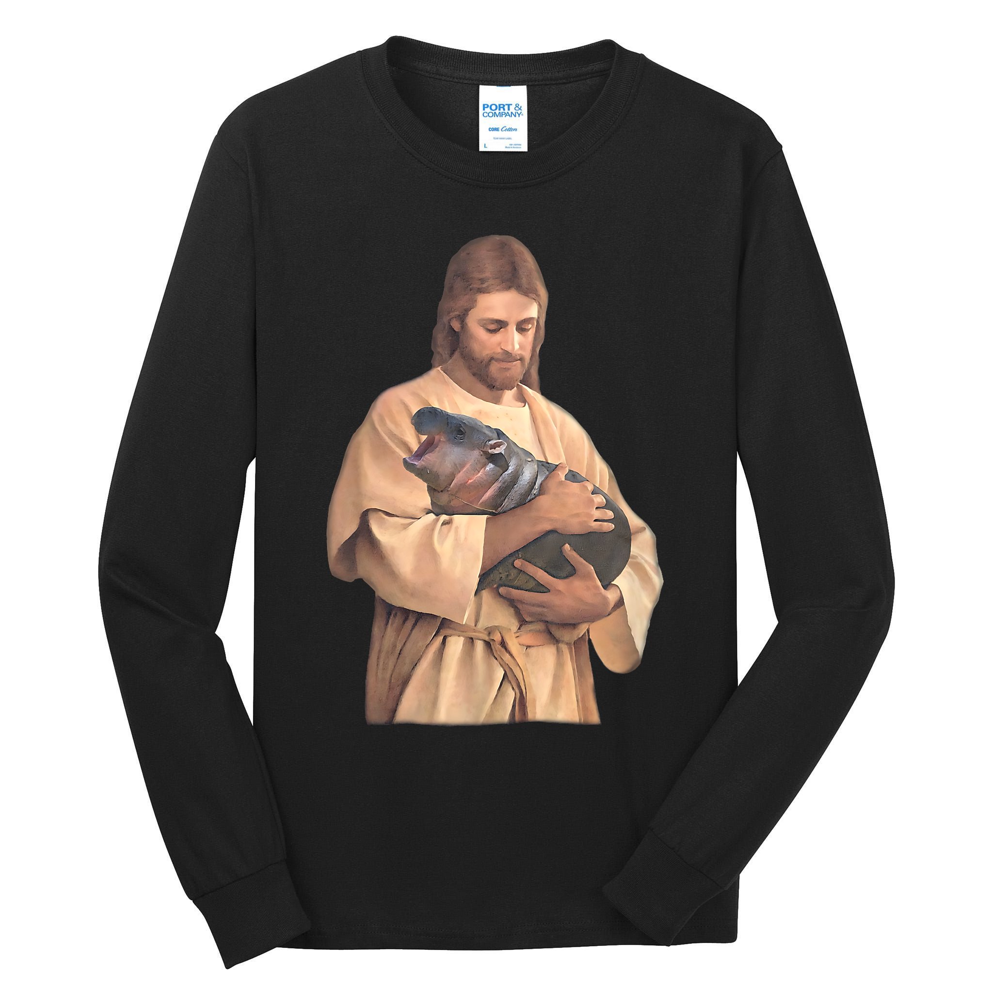 Jesus Loves Moo Deng Bouncy Pig Cute Baby Hippo Meme Tall Long Sleeve T-Shirt