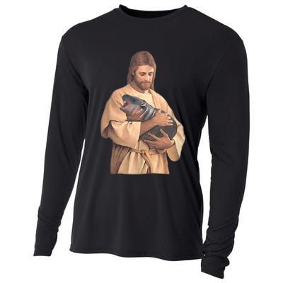 Jesus Loves Moo Deng Bouncy Pig Cute Baby Hippo Meme Cooling Performance Long Sleeve Crew