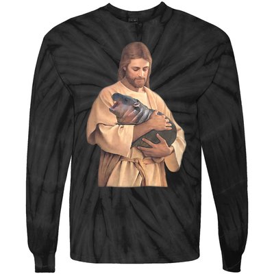 Jesus Loves Moo Deng Bouncy Pig Cute Baby Hippo Meme Tie-Dye Long Sleeve Shirt