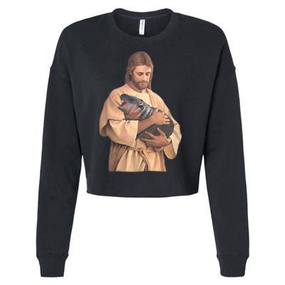 Jesus Loves Moo Deng Bouncy Pig Cute Baby Hippo Meme Cropped Pullover Crew