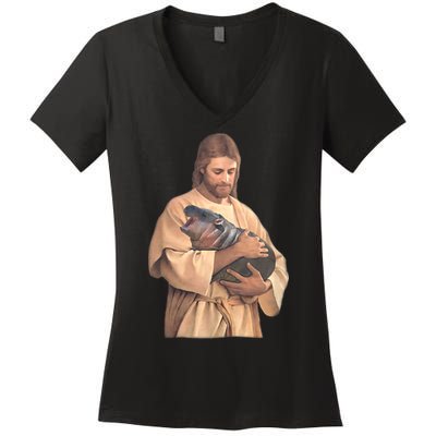 Jesus Loves Moo Deng Bouncy Pig Cute Baby Hippo Meme Women's V-Neck T-Shirt