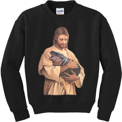 Jesus Loves Moo Deng Bouncy Pig Cute Baby Hippo Meme Kids Sweatshirt