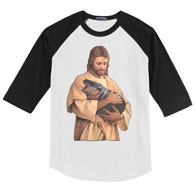 Jesus Loves Moo Deng Bouncy Pig Cute Baby Hippo Meme Kids Colorblock Raglan Jersey