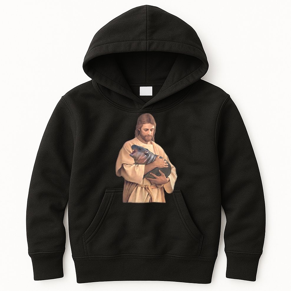 Jesus Loves Moo Deng Bouncy Pig Cute Baby Hippo Meme Kids Hoodie