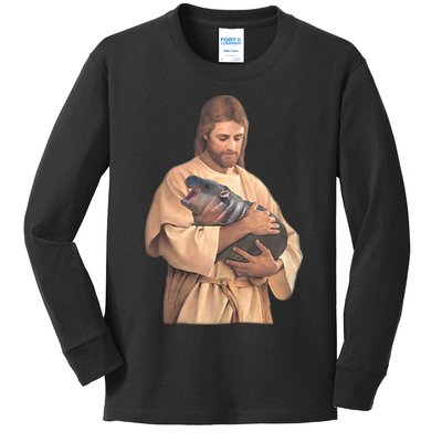 Jesus Loves Moo Deng Bouncy Pig Cute Baby Hippo Meme Kids Long Sleeve Shirt