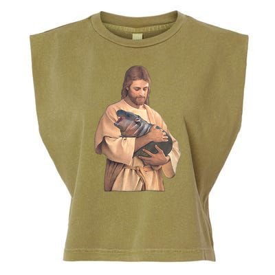 Jesus Loves Moo Deng Bouncy Pig Cute Baby Hippo Meme Garment-Dyed Women's Muscle Tee
