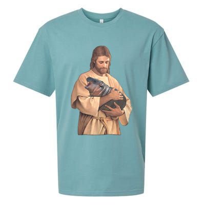 Jesus Loves Moo Deng Bouncy Pig Cute Baby Hippo Meme Sueded Cloud Jersey T-Shirt