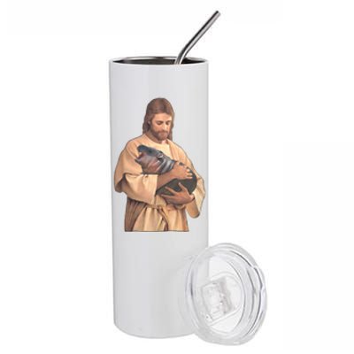 Jesus Loves Moo Deng Bouncy Pig Cute Baby Hippo Meme Stainless Steel Tumbler