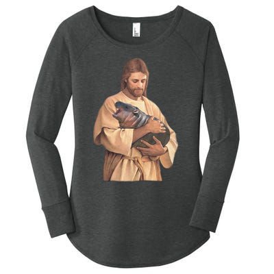 Jesus Loves Moo Deng Bouncy Pig Cute Baby Hippo Meme Gift Women's Perfect Tri Tunic Long Sleeve Shirt