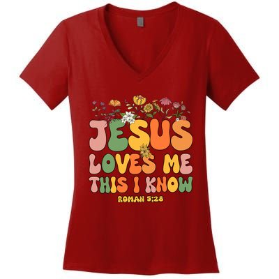 Jesus Love Me This I Know Groovy Wo Christian Women's V-Neck T-Shirt