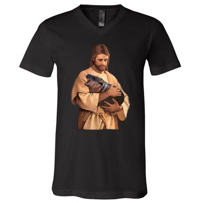 Jesus Loves Moo Deng Bouncy Pig Cute Baby Hippo Meme V-Neck T-Shirt