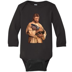 Jesus Loves Moo Deng Bouncy Pig Cute Baby Hippo Meme Baby Long Sleeve Bodysuit