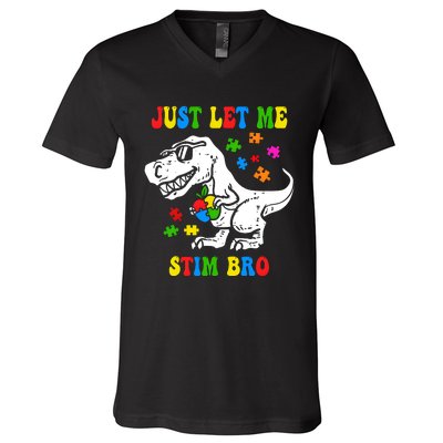 Just Let Me Stim Bro Dinasour Autism Awareness V-Neck T-Shirt