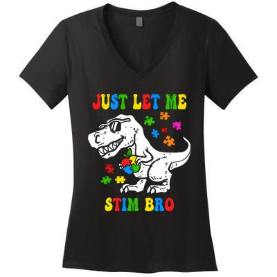 Just Let Me Stim Bro Dinasour Autism Awareness Women's V-Neck T-Shirt