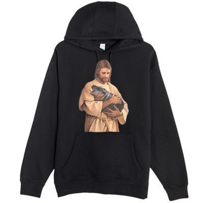 Jesus Loves Moo Deng Bouncy Pig Cute Baby Hippo Meme Premium Pullover Hoodie