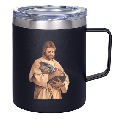 Jesus Loves Moo Deng Bouncy Pig Cute Baby Hippo Meme 12oz Stainless Steel Coffee Mug