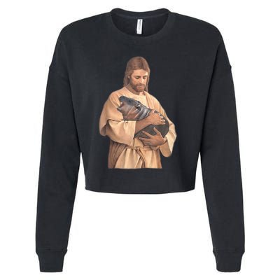 Jesus Loves Moo Deng Bouncy Pig Cute Baby Hippo Meme Cropped Pullover Crew