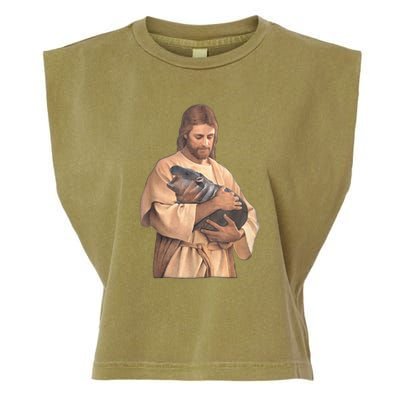 Jesus Loves Moo Deng Bouncy Pig Cute Baby Hippo Meme Garment-Dyed Women's Muscle Tee