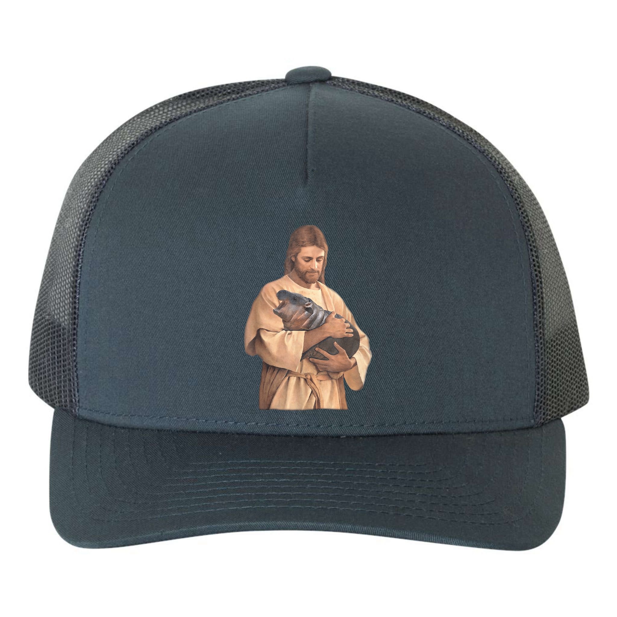 Jesus Loves Moo Deng Bouncy Pig Cute Baby Hippo Meme Yupoong Adult 5-Panel Trucker Hat