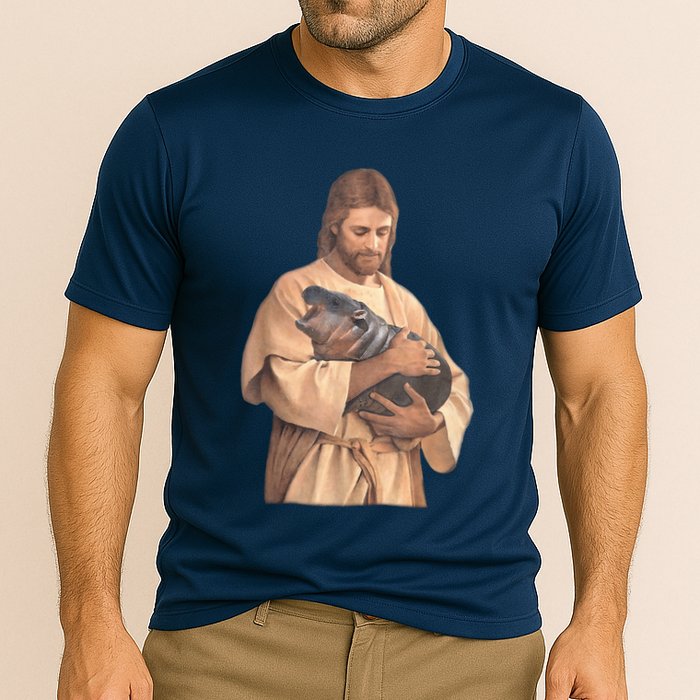 Jesus Loves Moo Deng Bouncy Pig Cute Baby Hippo Meme Cooling Performance Crew T-Shirt