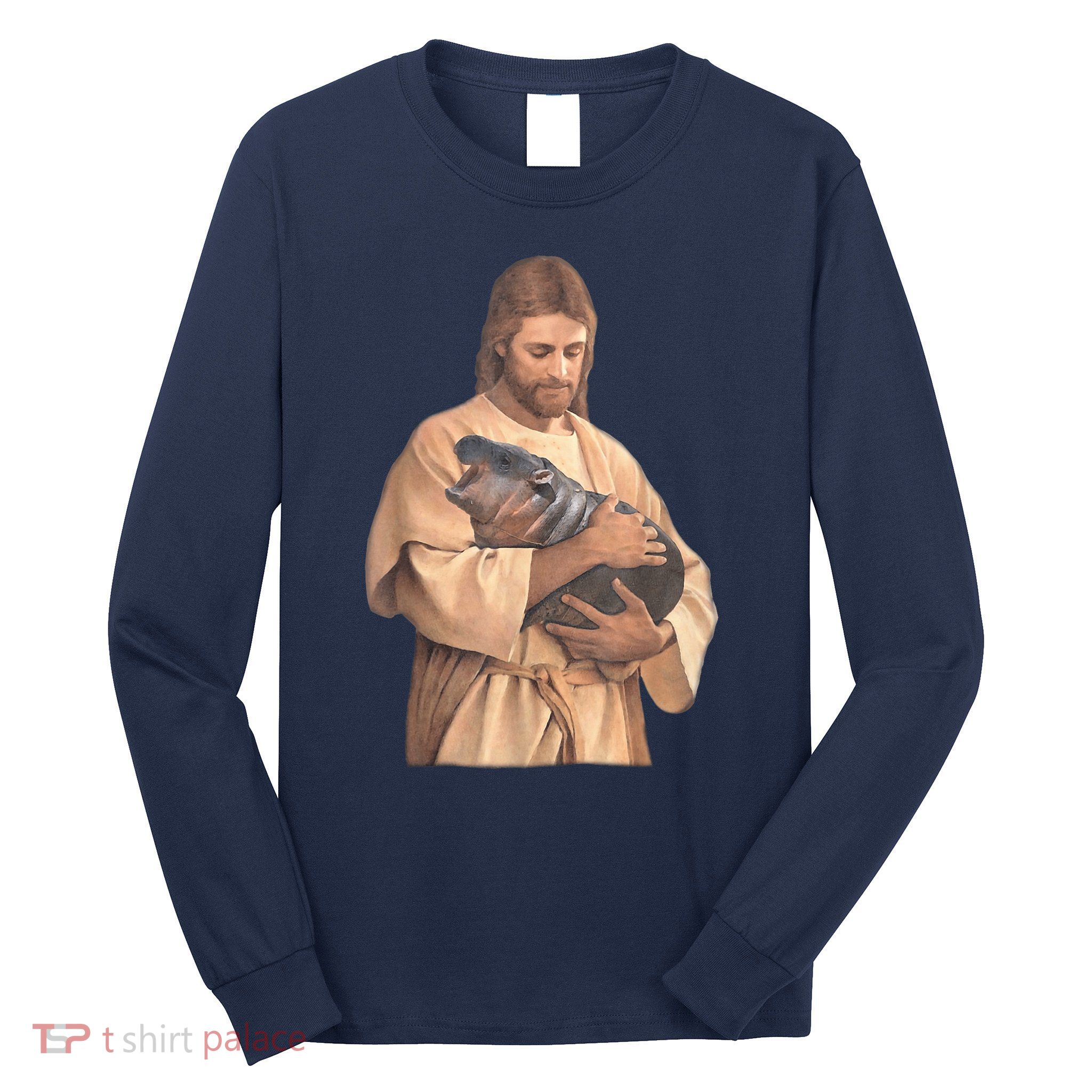 Jesus Loves Moo Deng Bouncy Pig Cute Baby Hippo Meme Long Sleeve Shirt
