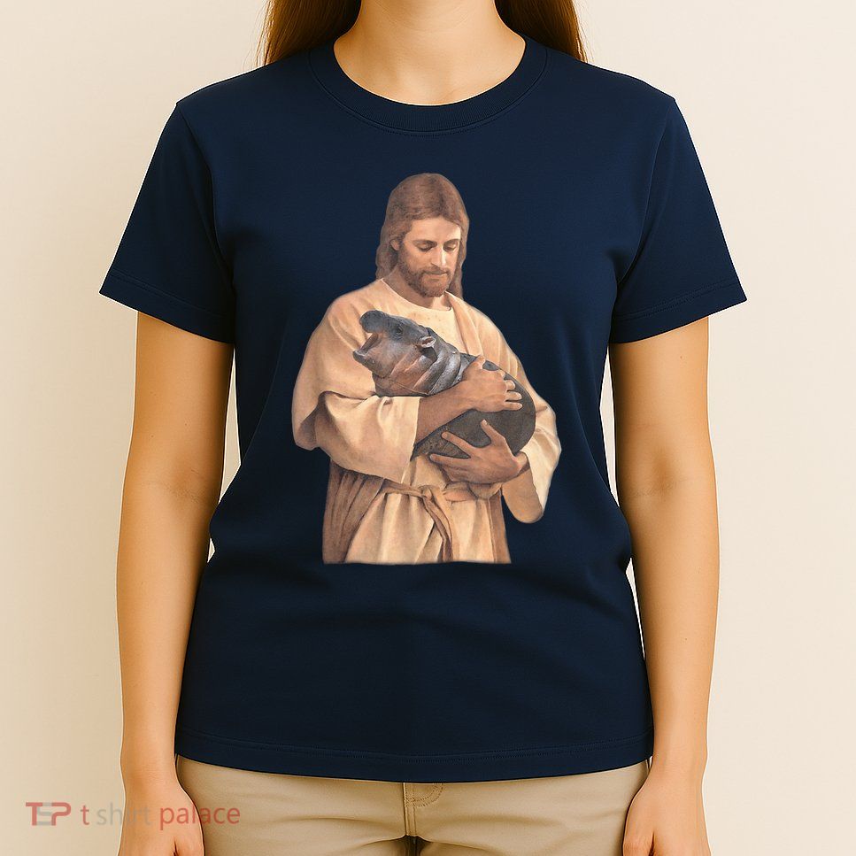 Jesus Loves Moo Deng Bouncy Pig Cute Baby Hippo Meme T-Shirt
