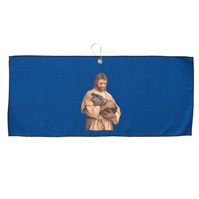 Jesus Loves Moo Deng Bouncy Pig Cute Baby Hippo Meme Large Microfiber Waffle Golf Towel