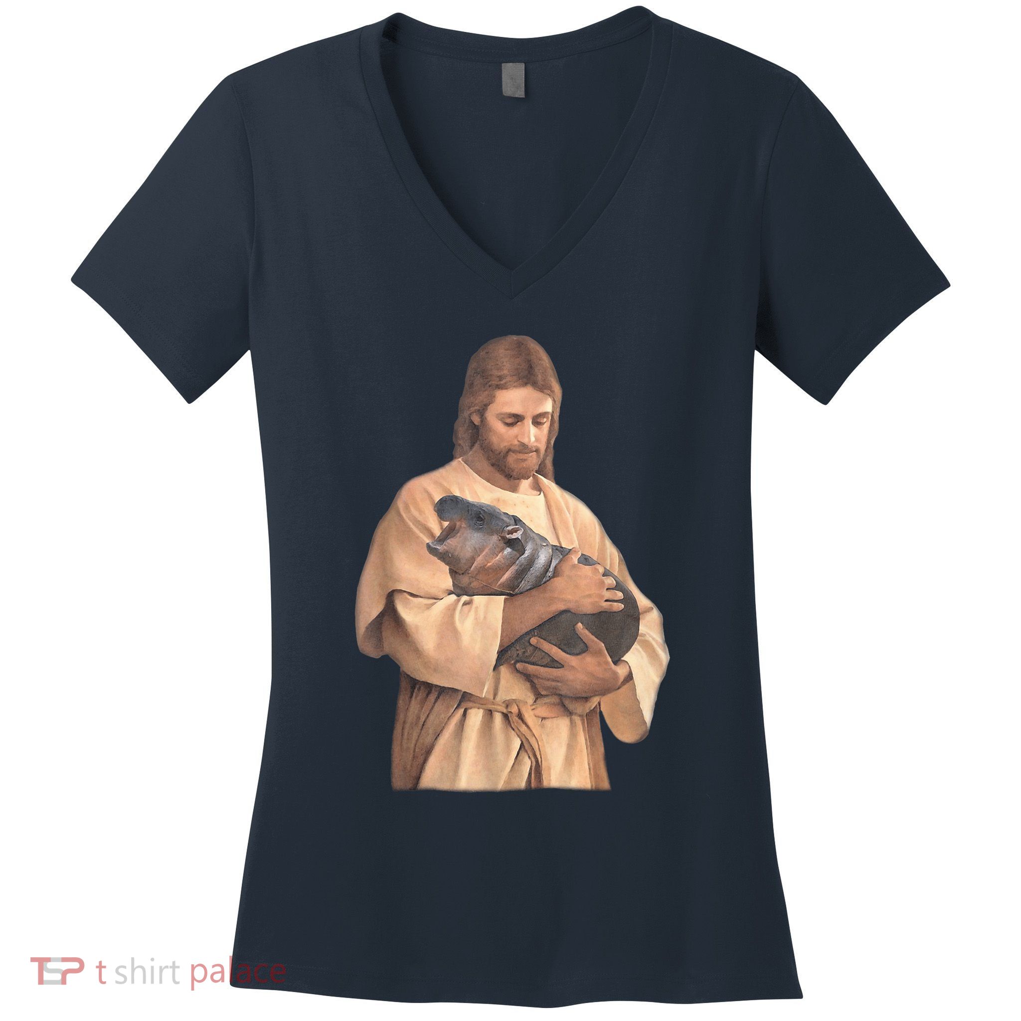Jesus Loves Moo Deng Bouncy Pig Cute Baby Hippo Meme Women's V-Neck T-Shirt