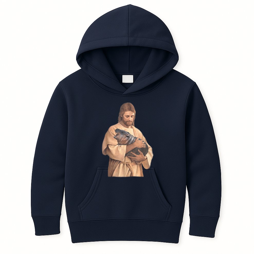 Jesus Loves Moo Deng Bouncy Pig Cute Baby Hippo Meme Kids Hoodie