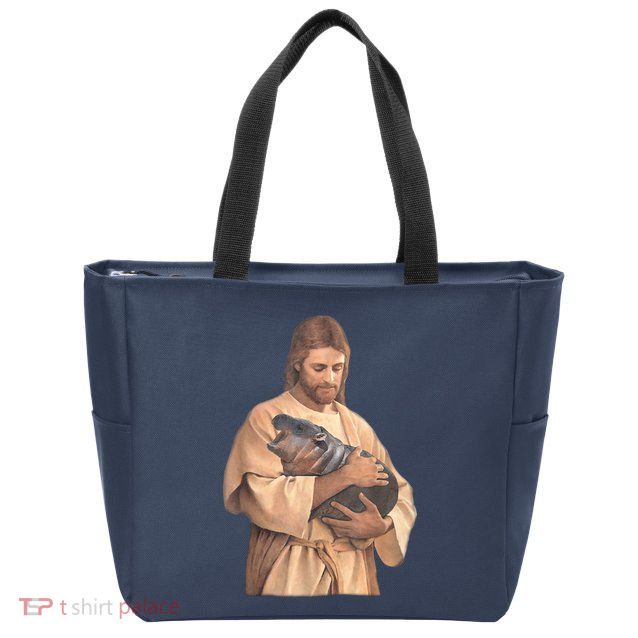 Jesus Loves Moo Deng Bouncy Pig Cute Baby Hippo Meme Zip Tote Bag