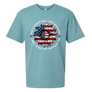 Just Loves Mama Jesus America Patriotic Sunflower Gift Sueded Cloud Jersey T-Shirt