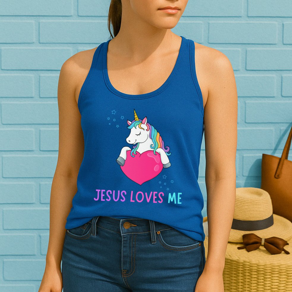 Jesus Loves Me Christian Bible Girls Rainbow Unicorn Womens Tank Top