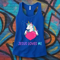 Jesus Loves Me Christian Bible Girls Rainbow Unicorn Womens Tank Top
