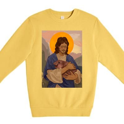 Jesus Loves Moo Deng Bouncy Pig Cute Baby Hippo Meme Premium Crewneck Sweatshirt