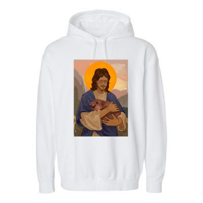 Jesus Loves Moo Deng Bouncy Pig Cute Baby Hippo Meme Garment-Dyed Fleece Hoodie