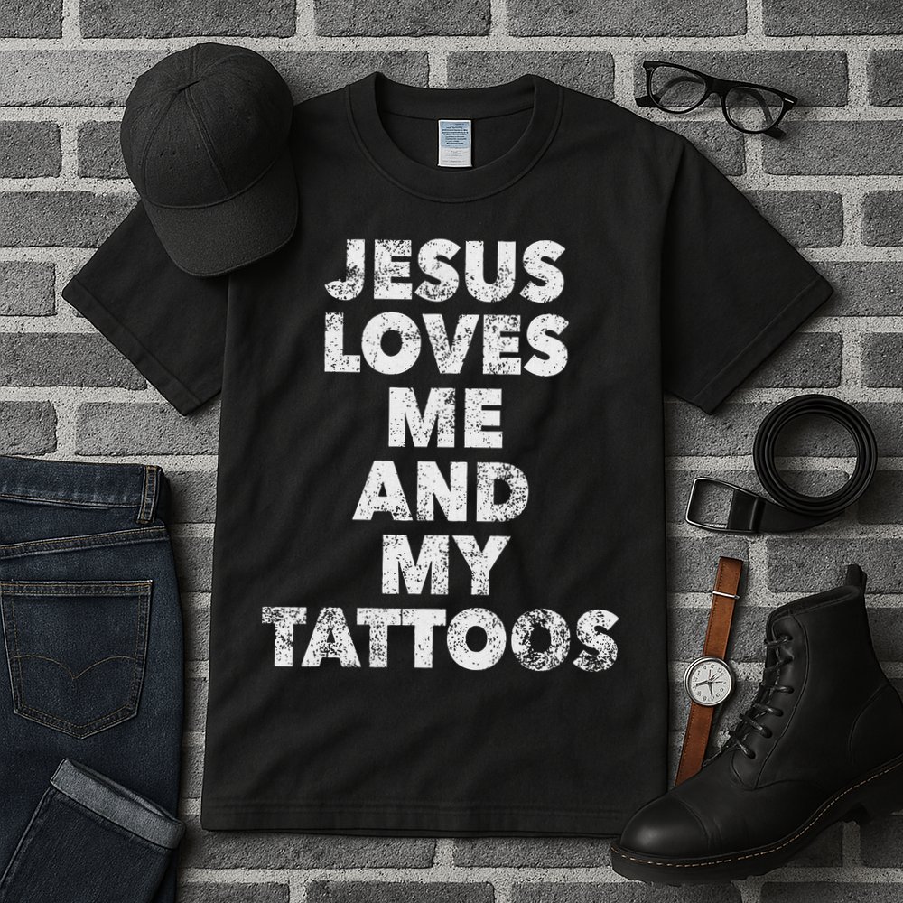 Jesus Loves Me And My Tattoos Christian Tattooed Believer Tall T-Shirt