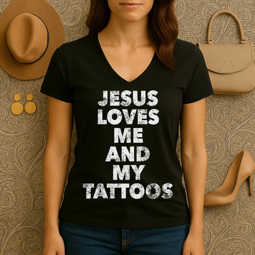 Jesus Loves Me And My Tattoos Christian Tattooed Believer Women's V-Neck T-Shirt