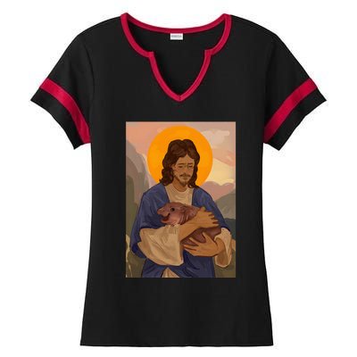 Jesus Loves Moo Deng Bouncy Pig Cute Baby Hippo Meme Ladies Halftime Notch Neck Tee