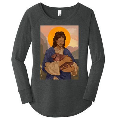 Jesus Loves Moo Deng Bouncy Pig Cute Baby Hippo Meme Women's Perfect Tri Tunic Long Sleeve Shirt