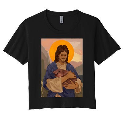 Jesus Loves Moo Deng Bouncy Pig Cute Baby Hippo Meme Women's Crop Top Tee