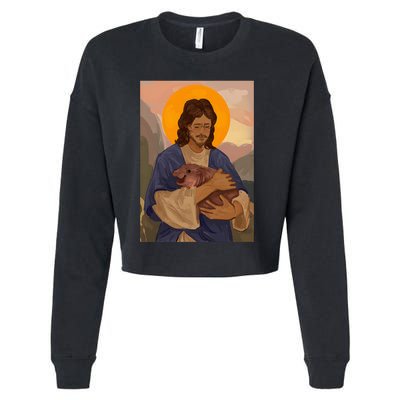 Jesus Loves Moo Deng Bouncy Pig Cute Baby Hippo Meme Cropped Pullover Crew