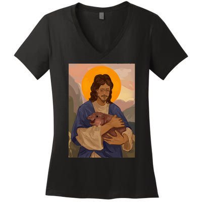 Jesus Loves Moo Deng Bouncy Pig Cute Baby Hippo Meme Women's V-Neck T-Shirt