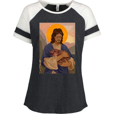 Jesus Loves Moo Deng Bouncy Pig Cute Baby Hippo Meme Enza Ladies Jersey Colorblock Tee