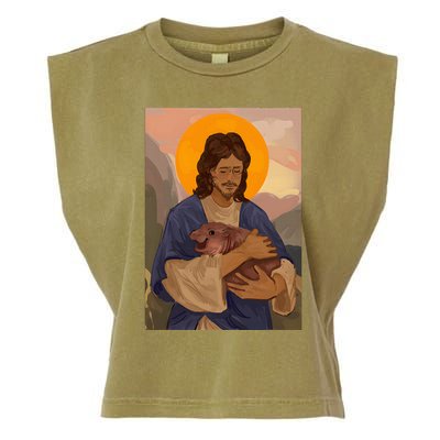 Jesus Loves Moo Deng Bouncy Pig Cute Baby Hippo Meme Garment-Dyed Women's Muscle Tee